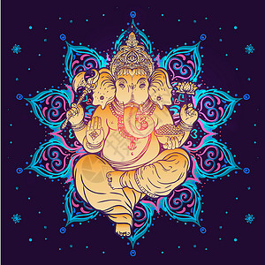 印度神印度教主甘尼沙Ganesha在多彩的曼达拉上方 矢量插图 维他命装饰性病媒元素被孤立 手画paisley背景 印度motifs偶设计图片
