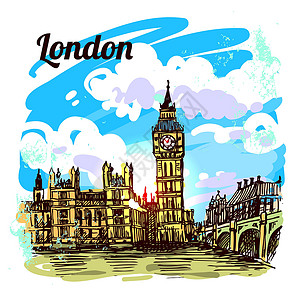 伦敦泰晤士河伦敦伦敦毡笔联盟旅行社雕刻建筑学商业横幅手绘城市旅游设计图片