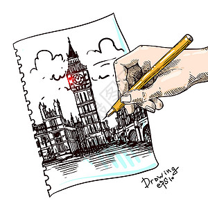 名城伦敦伦敦蓝色横幅河岸明信片旅游绘画插图广告网站卡通片设计图片