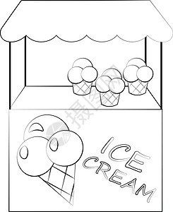 冰淇淋店铺配冰淇淋的延速柜台 用黑白显示插图设计图片