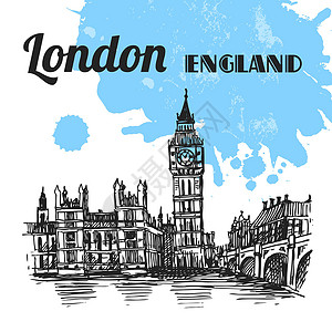 英国伦敦大本钟伦敦伦敦草图旅行手绘河岸旅游插图城市广告艺术品建筑学设计图片