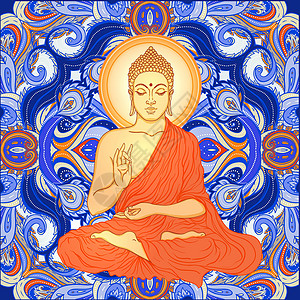 西藏唐卡佛像坐在曼达拉圆形上沉思寺庙橙子光环温泉文化上帝插图避难所信仰设计图片
