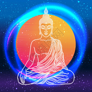冥想音乐佛像坐在多彩的电线背景之上 矢量说明 古典装饰成分 印度人 佛教 精神运动艺术派对辉光潮人宗教音乐星系几何学活力咒语设计图片