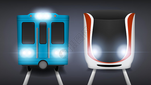 两列现代电车瓦贡或地铁奢华车辆挡风玻璃速度基础设施引擎插图运输旅行仓库设计图片