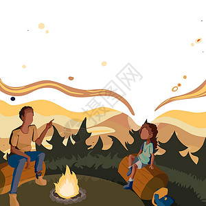 篝火火露营野外坐在篝火旁的父亲和女儿在公园享受露营 父母和他的孩子坐在野营热旁边 在森林里讲故事季节幸福男孩们微笑日落卡通片家庭成人环境火焰设计图片
