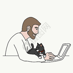 宠物家男子在家工作 使用膝上型电脑和猫矢量说明设计图片