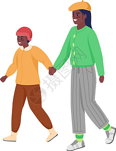 母亲和孩子形象快乐妈妈和儿子一起走半平式彩色向量字符设计图片