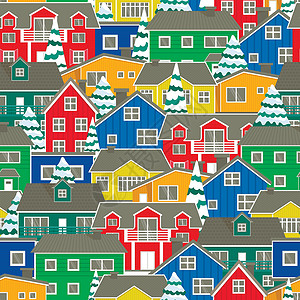 路虎发现神行挪威的多彩房屋搭配手画 无缝矢量模式插图建筑公寓海盗蓝色国家农村住宅房子小屋设计图片