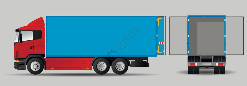 卡车侧面开着拖车门的卡车 侧面和背面视图 送货车被隔离 矢量插图设计图片