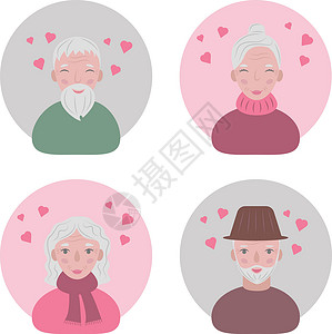 老人相爱的表情 快乐慈爱的祖父母的化身 情人节那天微笑的老人的画像 滑稽的面孔 心在他们的头顶 矢量图设计图片
