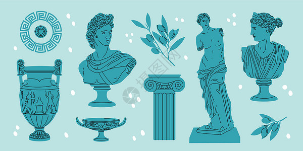 手绘时髦的女人各种古老的雕像 女性头目 分支 Amphora 手 神话 古希腊风格 孤立元素古董文化涂鸦收藏大理石艺术品双耳历史雕塑插图设计图片