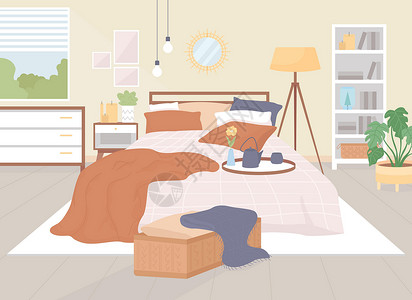 卧室矢量家庭平板彩色矢量插图时 Hygge设计图片