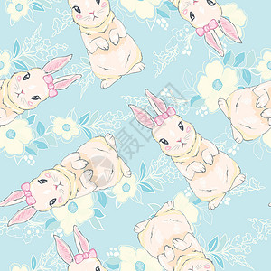 兔子图标素材无缝模式 与可爱的卡通兔子风格纺织品孩子装饰艺术装饰品孩子们包装墙纸卡通片设计图片