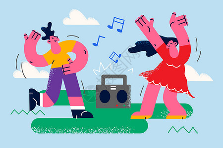 千禧小番茄快乐的朋友们跳舞 在立体音响上听音乐设计图片