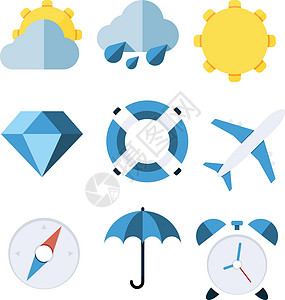 天气模板以蓝色显示的一套夏季旅行和天气图标设计图片