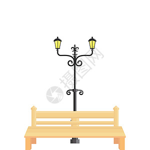 木制长椅花园木椅和庭院灯矢量图解设计理念设计图片