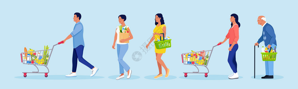 超市存包柜杂货店排队 人们带着购物车 篮子 带食物的生态袋 超市里排着长队的购物者 拥挤的队列到收银台 客户服务产品男人零售现金团体人群柜设计图片