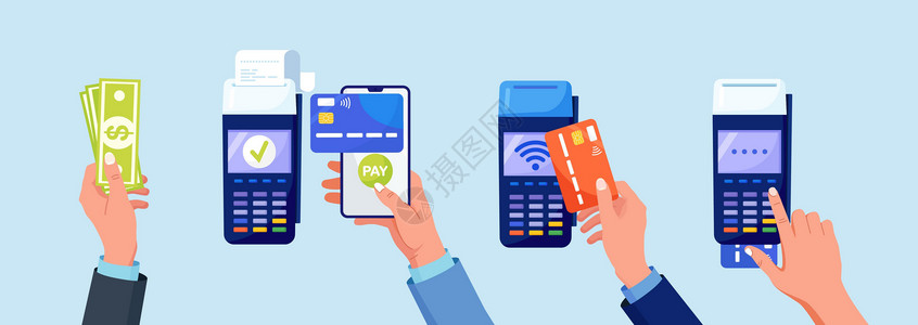 信用卡现金通过 POS 终端使用信用卡支付 现金 非接触式支付 通过智能手机应用程序支付和交易收据 网上银行和电子货币 NFC设计图片