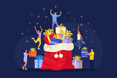 跳舞的圣诞小小人准备过圣诞节和新年节日庆典 在大圣塔沙袋附近 带有盛满礼物和喜悦装饰品的巨型礼品盒设计图片