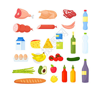 油泼黄瓜水果和蔬菜 肉类和日记 面包和饮料 矢量插图设计图片