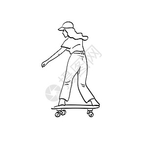 女孩与滑板穿着帽子和长头发 玩滑板图解画板的艺术线女艺人 用白色背景隔开的矢量手绘制设计图片