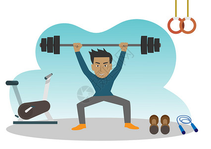 卡通哑铃男子使用体育设备进行锻炼 以练习重量提升金属哑铃健康生活方式向矢量展示平板设计卡通人物的标注设计图片