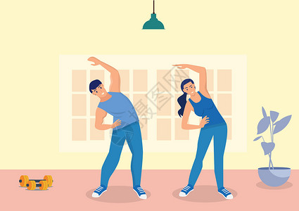练哑铃的女孩丈夫和妻子享受在家中锻炼健康生活方式 以公寓式方式进行矢量说明设计图片