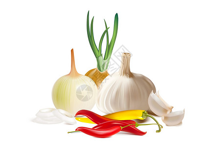 长粒香大米一套辣味香料和蔬菜 大蒜 洋葱 辣椒 辣椒 以白色背景隔离设计图片