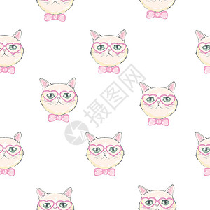 粉色舌头的猫无缝图标 图案和背景的宠物卡通片动物插图婴儿艺术绘画墙纸织物打印草图设计图片