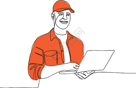工人上门穿红色红帽白T恤的送货员借方感染运输餐饮送货口罩笔记本职业男人货物设计图片