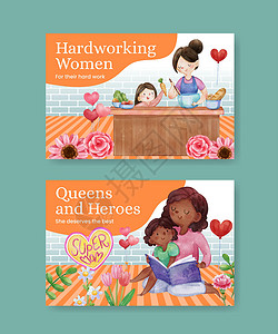 面子书带有爱超妈妈概念 水彩色风格的Facebook模板父母社区母亲女士插图女孩儿子水彩卡通片孩子设计图片