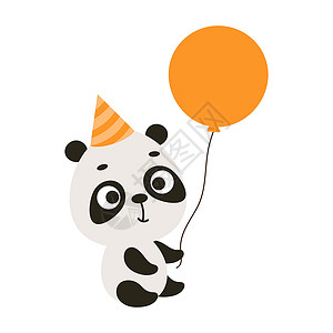 熊猫帽子生日帽上可爱的小熊猫把气球放在白色背景上 儿童卡片 迎婴派对 邀请函 海报 T 恤组合 室内装饰的卡通动物角色 矢量库存插图设计图片