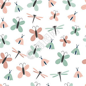 红虫无缝蝴蝶图案 用于织物 包装 纺织品 壁纸 服装的创意虫子纹理 矢量图设计图片