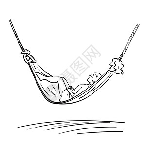 人无异国女性在吊床上放松展示的矢量手与白色背景线艺术脱钩 被孤立设计图片