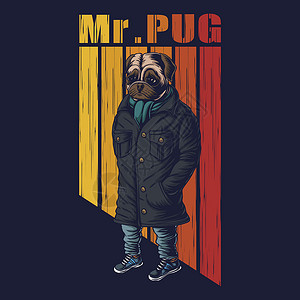 黑色的夹克Pug 狗时装矢量插图老板宠物草图小狗音乐男生幽默戏服乐趣青年设计图片