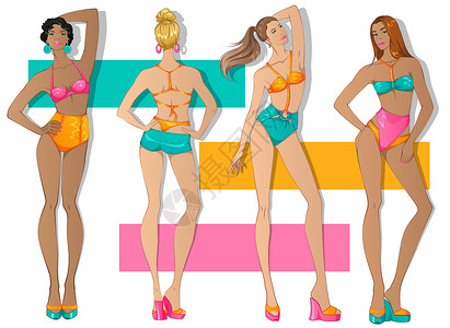 穿粉色比基尼的可爱女生拿着泳圈时装设计数字 穿着彩色游泳图集 由2022年夏天 跑道 启发的原始设计设计图片