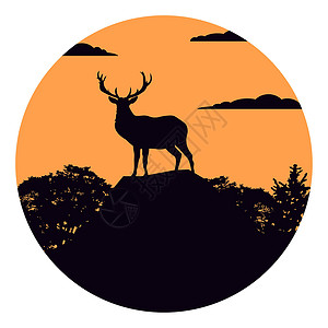 麈鹿鹿摆在山顶上 山丘和森林是背景 Silhouette图解 EPS设计图片