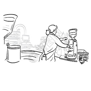 咖啡柜台带围裙的女咖啡师的后视图在她的咖啡店插图矢量手绘隔离在白色背景线条艺术上为访客煮咖啡设计图片