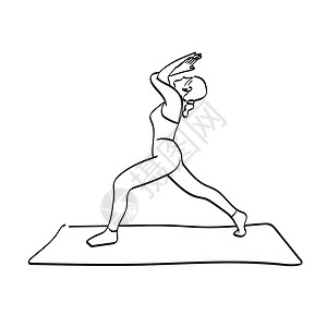 瑜伽爱好女性在垫子插图矢量手上做瑜伽姿势 与白色背景线艺术脱钩设计图片
