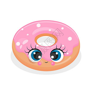 堆叠小甜甜圈可爱的甜甜圈角色 卡通甜圆甜点 装饰有粉色糖霜的微笑食品吉祥物糕点 纺织品印花 包装 明信片设计图片