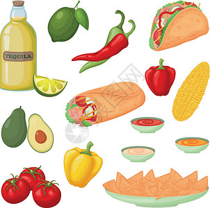 一大套墨西哥食物 如炸玉米饼 墨西哥卷饼 玉米片和龙舌兰酒 还有蔬菜 玉米 西红柿 胡椒 鳄梨和柠檬 矢量图设计图片