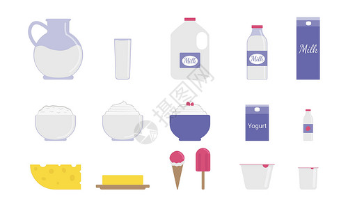 高钙食物一套孤立在白色背景上的奶制品 新鲜的日常食物(新鮮食品)设计图片