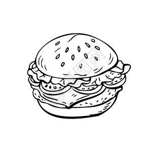 三明治汉堡白色背景的美国汉堡汉堡汉堡包薄黑线-矢量设计图片