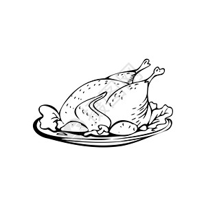 家禽肉白色背景的炸鸡薄细黑线-矢量设计图片