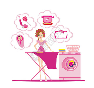做家务的女性把脏衣服放入洗衣机妇女熨衣服和考虑其他家庭作业;设计图片