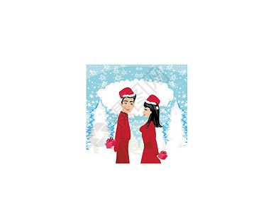 雪地里的情侣一对交换圣诞礼物的情侣框架椭圆形惊喜丈夫星星边界男人双手微笑夫妻设计图片