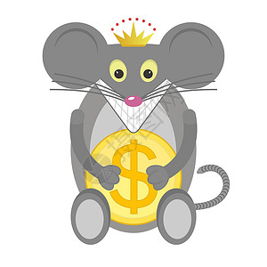 一只灰鼠头戴皇冠 手掌中握着一枚大金币 有1美元的标志和微笑 矢量图解设计图片