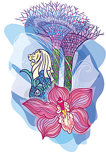 海湾群岛亚洲旅游新加坡素描矢量色彩丰富的插画设计图片