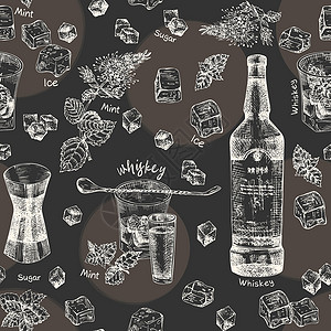 苏格兰威士忌古老手画的草图设计栏 餐厅 黑粉板底部咖啡厅菜单 无缝模式 图形矢量艺术 冰和混音葡萄酒设计图片