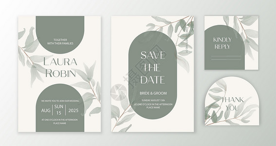 尖拱豪华拱门的婚礼邀请卡背景 绿色水色植物叶 双形优雅身型设计图片